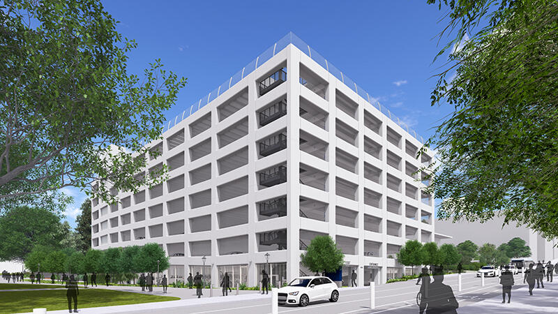 Artistic rendering of the new parking structure as viewed from Bancroft Way.